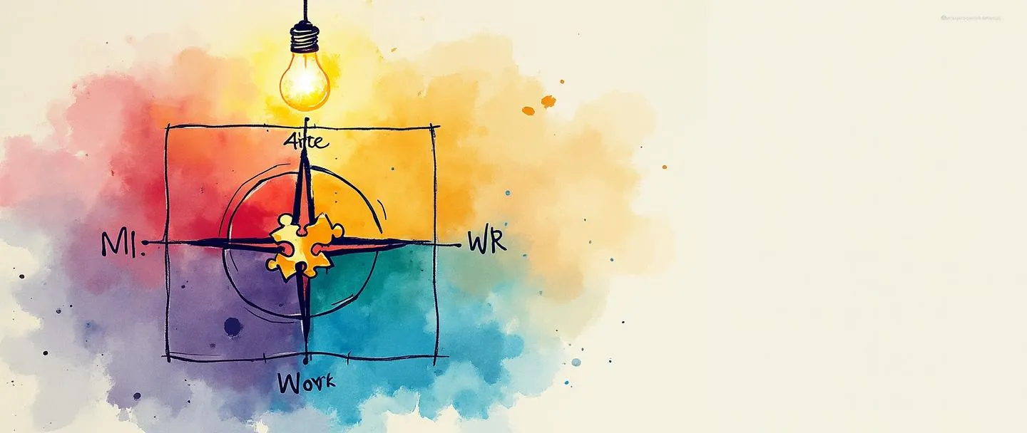 Tradução para pt-br:

Uma pintura digital em aquarela de um diagrama de matriz com quatro quadrantes, onde uma bússola se cruza com uma peça de quebra-cabeça no centro. Setas coloridas conectam os quadrantes, mostrando fluxos estratégicos. Uma lâmpada paira acima, iluminando toda a matriz com luz dourada. Composição simples, cores vibrantes, conceito de planejamento estratégico.