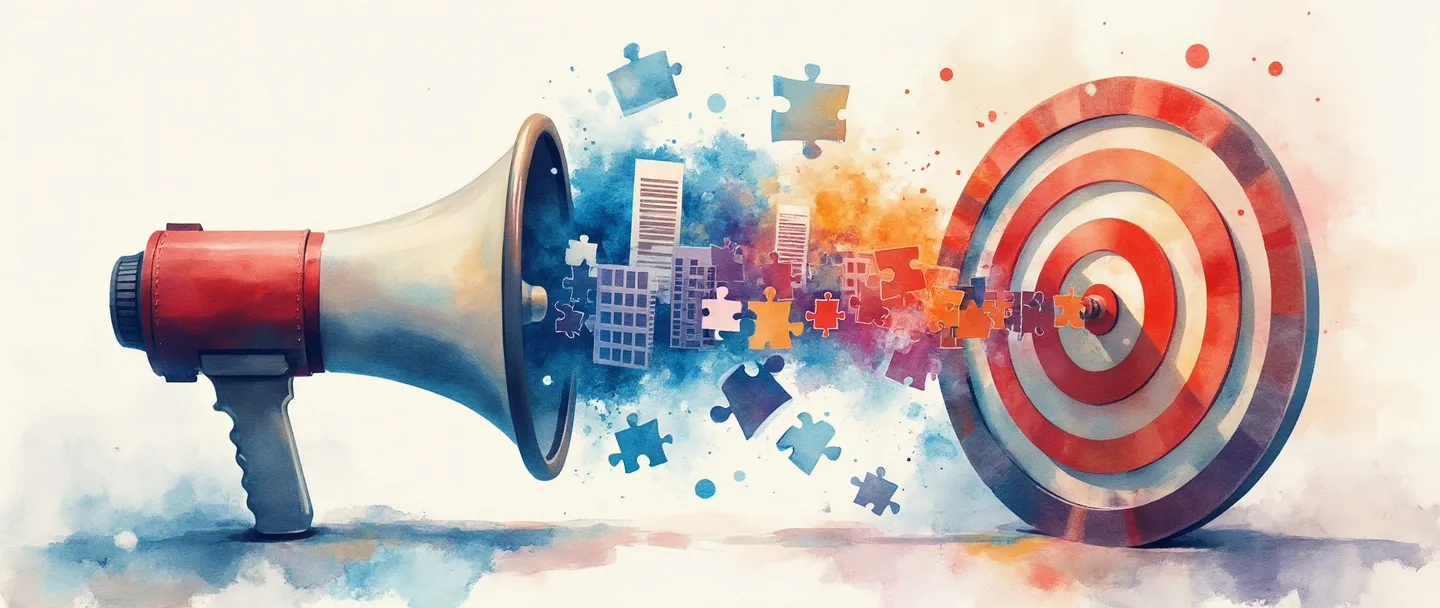 Uma pintura digital em aquarela de um megafone conectado a um jornal, emitindo ondas sonoras coloridas que se transformam em peças de quebra-cabeça formando uma ponte entre um prédio comercial e um alvo com centro. Composição simples com azuis e vermelhos vibrantes, atmosfera profissional, porém criativa.