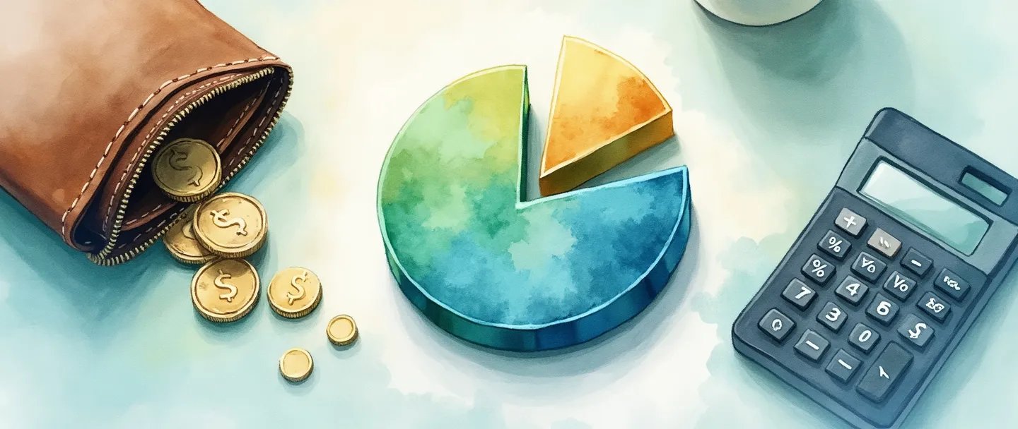 Uma pintura digital em aquarela de um gráfico de pizza simples com uma fatia claramente maior que as outras, destacada em dourado. Uma pequena carteira está ao lado com moedas derramando, enquanto uma calculadora exibe símbolos de porcentagem. Composição limpa com tons suaves de azul e verde, transmitindo o cálculo de margem de lucro de maneira visual direta.