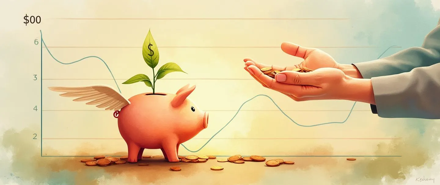 Uma pintura digital em aquarela de mãos depositando moedas em um cofre de porquinho que está brotando asas. O cofre está brilhando com uma suave luz dourada, e acima dele paira um pequeno broto verde com uma folha em forma de cifrão. Um gráfico simples com tendência ascendente aparece no fundo. Cores quentes, estilo minimalista, representando crescimento financeiro e motivação.