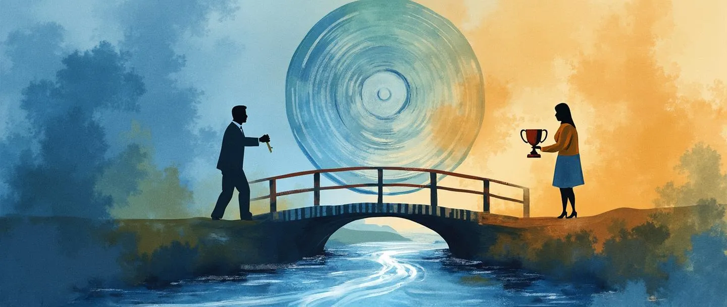 Uma pintura digital em aquarela de um aperto de mãos entre duas figuras com um alvo ao fundo. Uma figura segura uma chave enquanto a outra segura um troféu. Uma ponte as conecta sobre um rio fluente de oportunidades. Composição simples com vibrantes tons de azul e dourado, transmitindo parceria e valor estratégico.