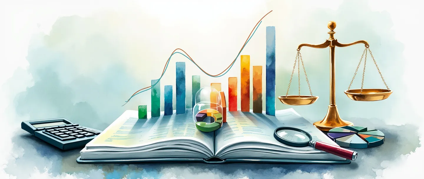 Uma pintura digital em aquarela de um livro contábil aberto com demonstrações financeiras fluindo para fora como gráficos de barras e gráficos de pizza coloridos. Uma calculadora e uma lupa repousam próximas, com uma balança ao fundo simbolizando o equilíbrio financeiro. Composição simples com tons suaves de azul e verde, profissional mas acessível.