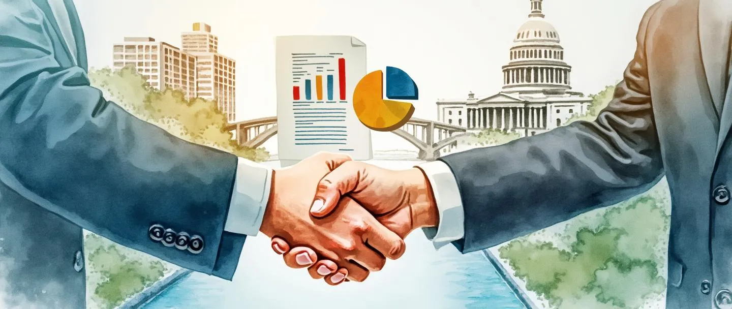 Uma pintura digital em aquarela de um aperto de mãos entre uma pessoa de negócios e um funcionário do governo, com um edifício comercial e um prédio governamental conectados por uma ponte ao fundo. Um contrato com um selo oficial está entre eles, com um gráfico de pizza e um gráfico de barras flutuando acima. Composição simples, atmosfera profissional, conceito de mercado institucional.