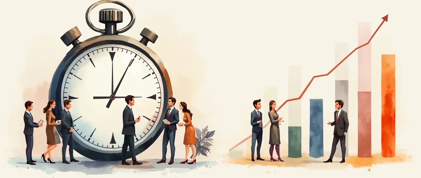 Uma pintura digital em aquarela de um mostrador de relógio com representantes de atendimento ao cliente auxiliando pessoas, com um cronômetro próximo mostrando diferentes tempos de resposta. Um gráfico de barras simples se eleva ao lado deles, exibindo métricas de eficiência. Estilo limpo e profissional com cores quentes sugerindo prestatividade e eficiência.
