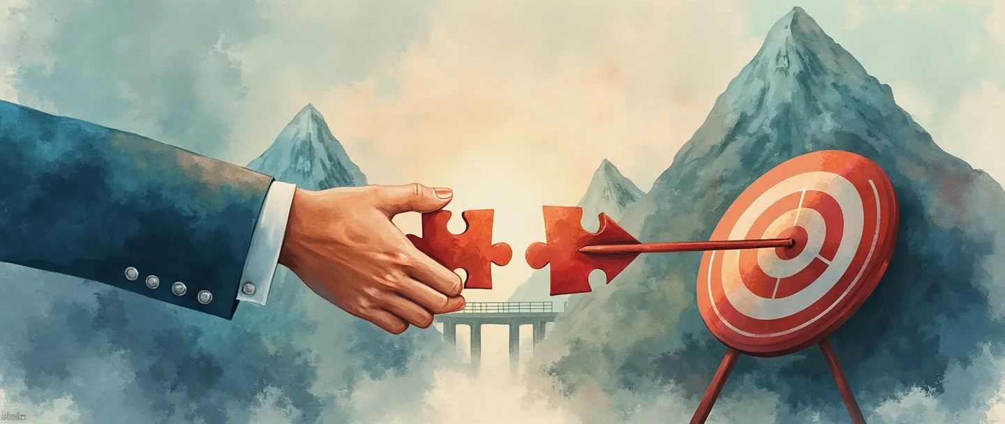 Uma pintura digital em aquarela de duas mãos se cumprimentando com peças de quebra-cabeça conectando-se entre elas, ao lado de um alvo com uma flecha no centro. Uma ponte conecta duas montanhas no fundo, simbolizando objetivos de parceria estratégica. Composição simples com cores quentes e profissionais.
