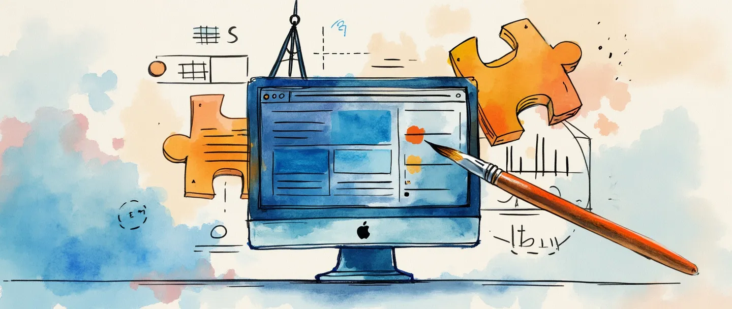 Uma pintura digital em aquarela de uma tela de computador com um design de interface de usuário simplificado e colorido sendo criado por um pincel. Peças de quebra-cabeça conectam diferentes elementos da tela, enquanto uma bússola orienta o layout. Composição limpa com vibrantes tons de azul e laranja, mostrando a mistura de tecnologia e criatividade no design web.