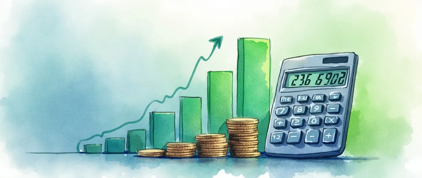 Uma pintura digital em aquarela de uma calculadora exibindo porcentagens ao lado de um gráfico de barras simplificado com uma seção superior verde. Uma pequena pilha de moedas está ao lado da calculadora, com uma sutil seta para cima conectando-as. Composição limpa com tons suaves de azul e verde transmitindo crescimento financeiro e margens de lucro.