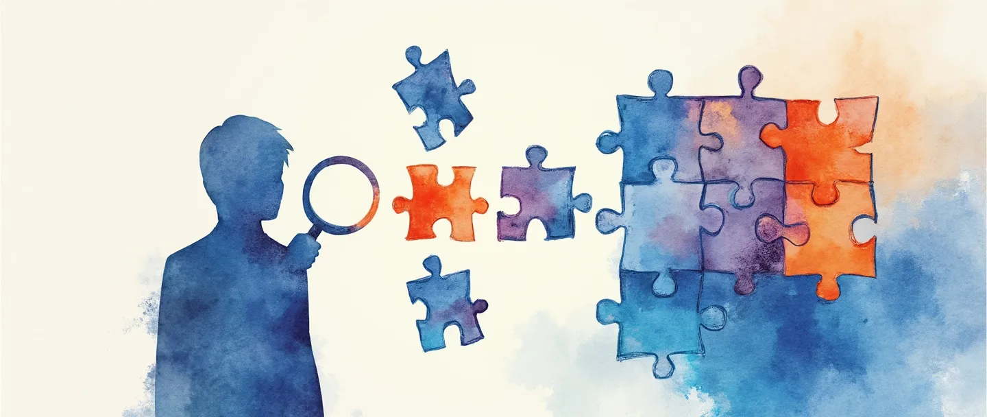 Uma pintura digital em aquarela de uma silhueta de cliente com peças de quebra-cabeça personalizadas que se encaixam perfeitamente em seu contorno. Um profissional de marketing segura uma lupa revelando preferências únicas dentro do quebra-cabeça. Composição simples com vibrantes tons de azul e laranja, transmitindo o valor do marketing personalizado.