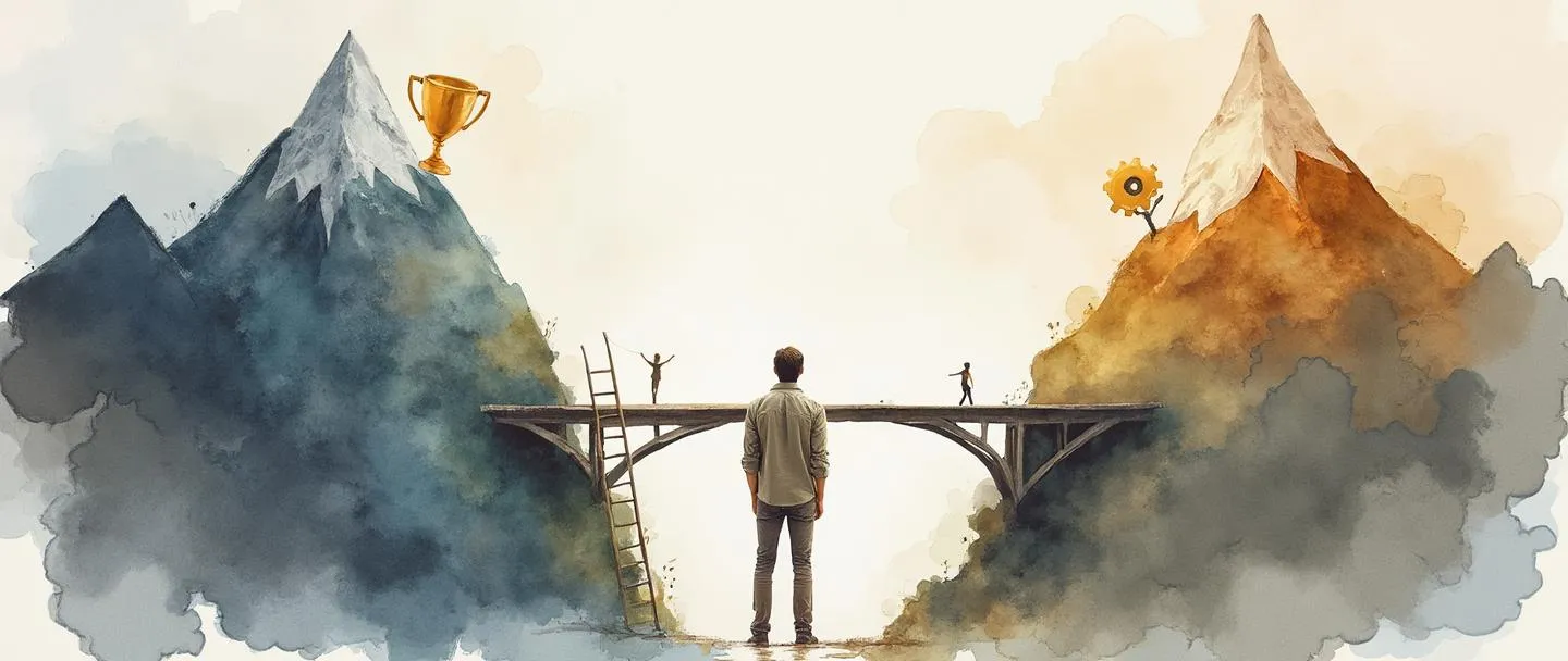 Uma pintura digital em aquarela de uma pessoa em pé entre duas montanhas com uma ponte conectando-as parcialmente. Uma montanha tem um troféu e habilidades escritas nela, enquanto a outra montanha mostra engrenagens e novas competências. A pessoa olha pensativamente para o espaço entre elas, com uma escada próxima. Composição simples, tema de desenvolvimento profissional, cores suaves.