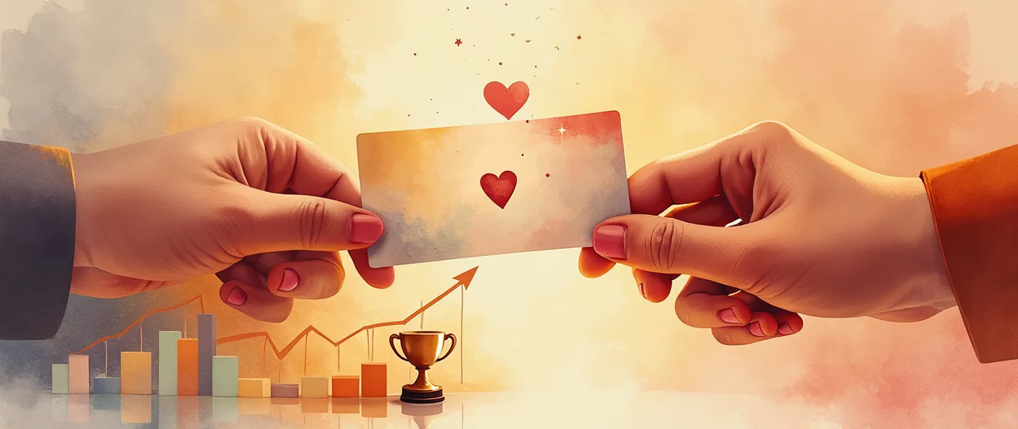 Uma pintura digital em aquarela de duas mãos trocando um cartão de fidelidade, com um símbolo de coração conectando-as. Um pequeno troféu está próximo, cercado por brilhos sutis. Um gráfico de barras simples com tendência ascendente aparece no fundo. Cores quentes e convidativas com ênfase em vermelhos e dourados. Composição limpa representando retenção de clientes e construção de relacionamento.