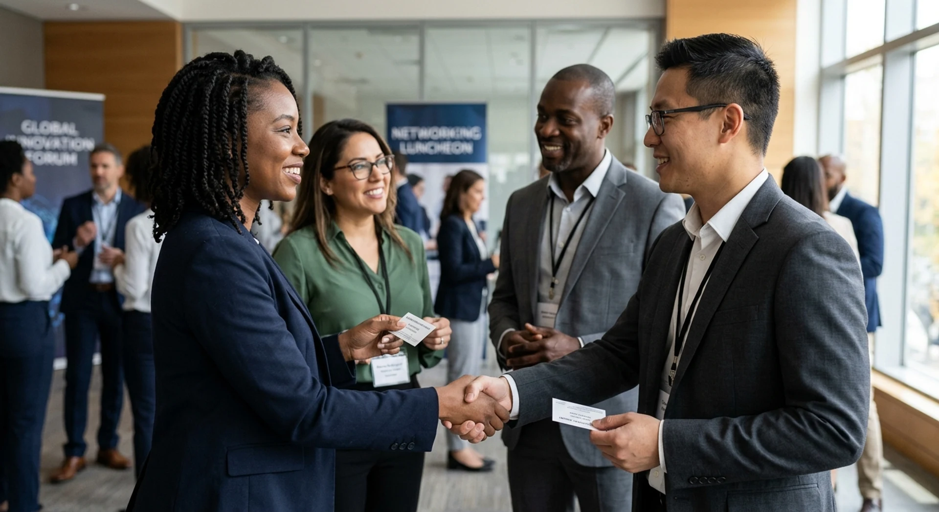Fotografia editorial ultra-realista de profissionais diversos trocando cartões de visita em evento corporativo moderno, capturando momento autêntico de networking com aperto de mão genuíno, luz natural, foco nítido e detalhes precisos em alta resolução.