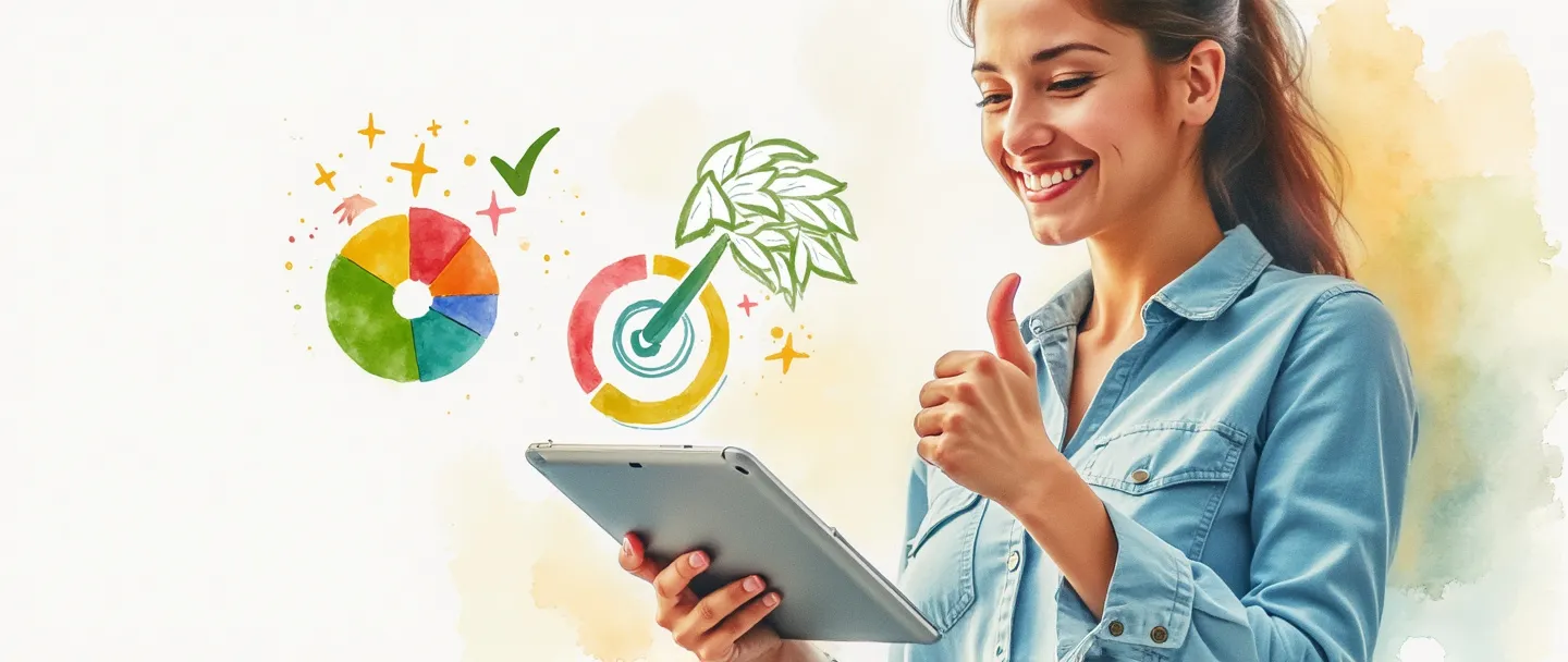 Uma pintura digital em aquarela de um cliente sorridente fazendo sinal de positivo enquanto olha para um gráfico de pizza colorido em um tablet. Ícones de marca de verificação e estrela flutuam acima, com um medidor de satisfação simples mostrando "excelente" em verde. Estilo limpo e profissional com cores quentes e acolhedoras.