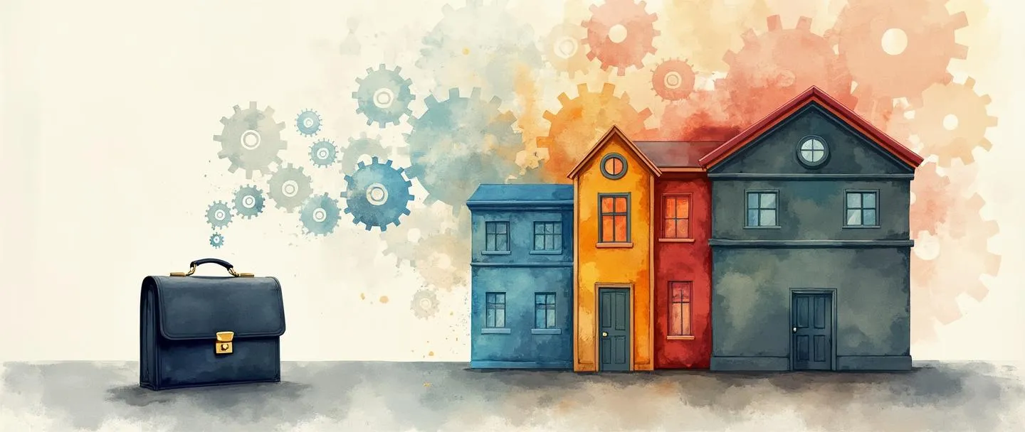 Uma pintura digital em aquarela de um pequeno edifício de escritórios dividido em seções coloridas distintas, com engrenagens conectando cada unidade. Uma pasta executiva está em primeiro plano com um organograma fluindo dela. Composição simples, atmosfera profissional, cores empresariais suaves.