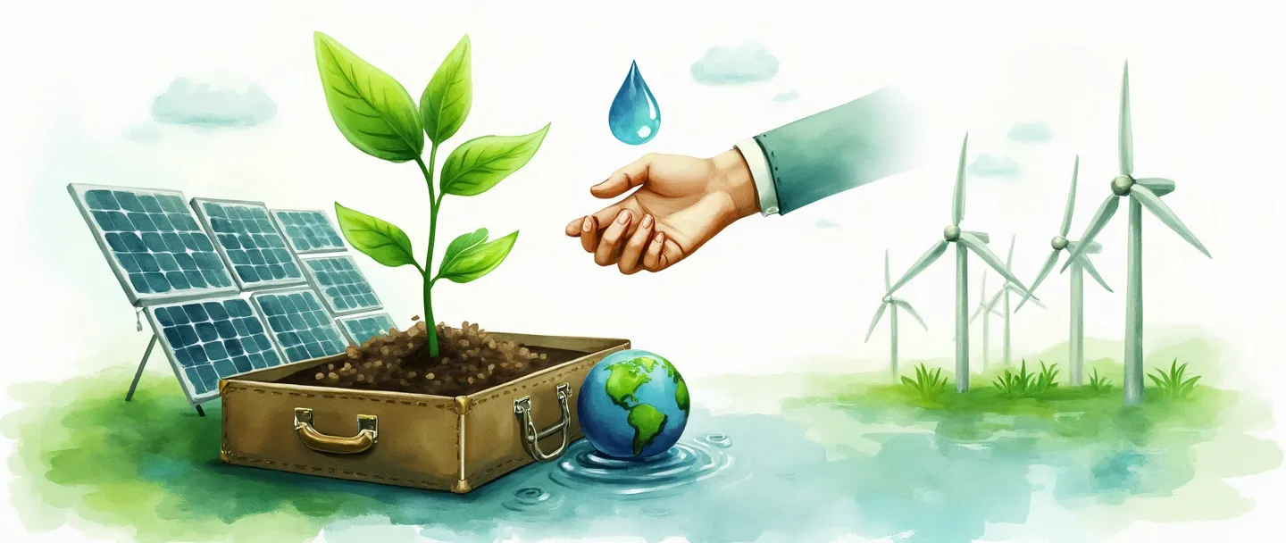 Uma pintura digital em aquarela de uma muda verde crescendo de uma pasta executiva, cercada por painéis solares e turbinas eólicas. Um aperto de mão conecta a planta a uma gota d'água, com um pequeno globo aninhado nas raízes. Cores simples e vibrantes com um conceito de negócios sustentáveis.
