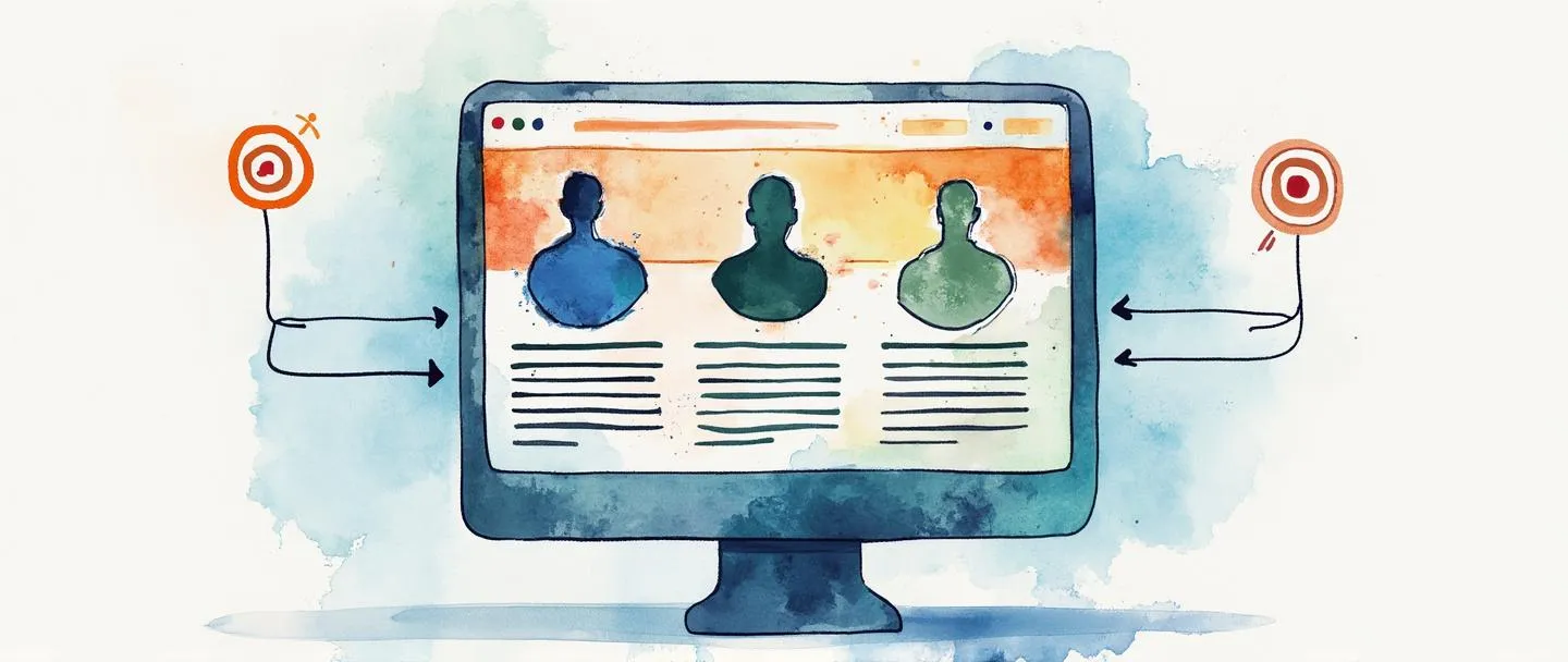 Uma pintura digital em aquarela mostrando uma tela de computador exibindo diferentes perfis de usuários com conteúdo personalizado. Um símbolo de alvo conecta cada perfil a elementos únicos de websites. Linhas simples e fluidas mostram caminhos de dados entre usuários e experiências web personalizadas. Paleta de cores vibrante, porém minimalista, composição limpa, ilustrando estratégia de personalização web.