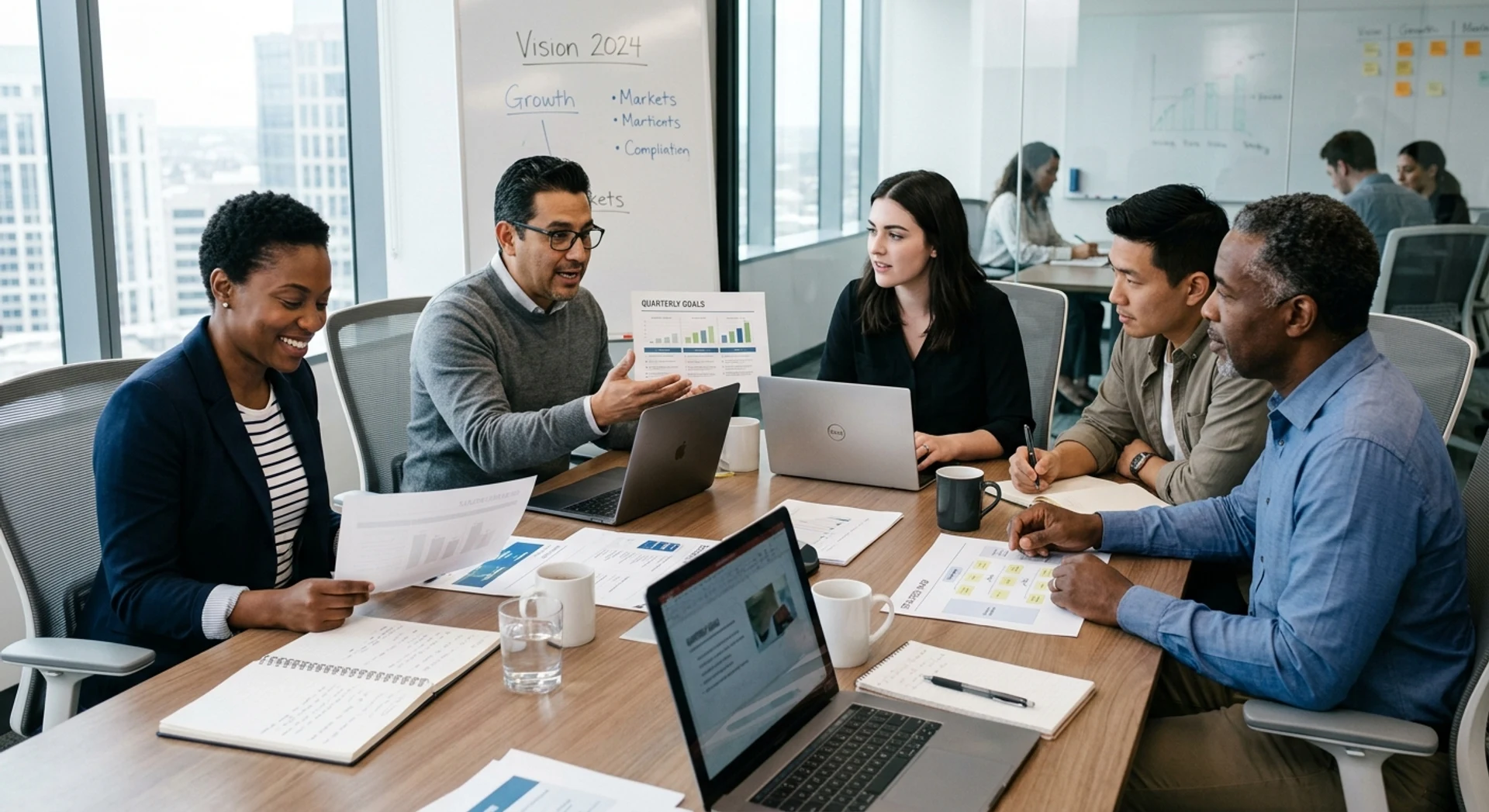 Gestão Empresarial: definição, funcionamento e como colocar em prática Fotografia editorial ultra-realista de equipe diversa em reunião estratégica ao redor de mesa de conferência com laptops e documentos em escritório moderno, luz natural, foco nítido, alta resolução, pessoas e objetos reais.