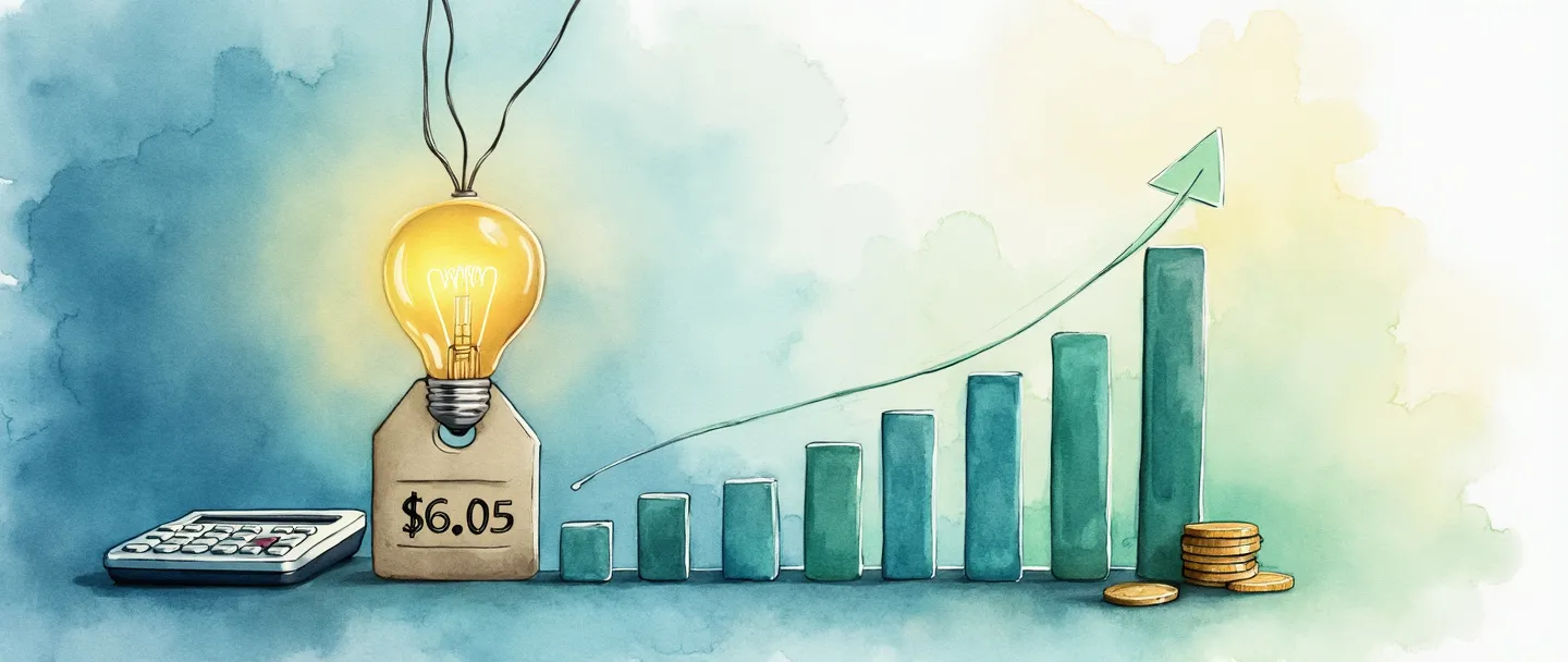 Uma pintura digital em aquarela de uma etiqueta de preço com cifrões e números, conectada a um gráfico de barras simples com tendência ascendente. Uma calculadora e moedas estão espalhadas nas proximidades, com uma lâmpada brilhando acima de toda a cena. Composição limpa com tons suaves de azul e verde transmitindo clareza e percepção financeira.