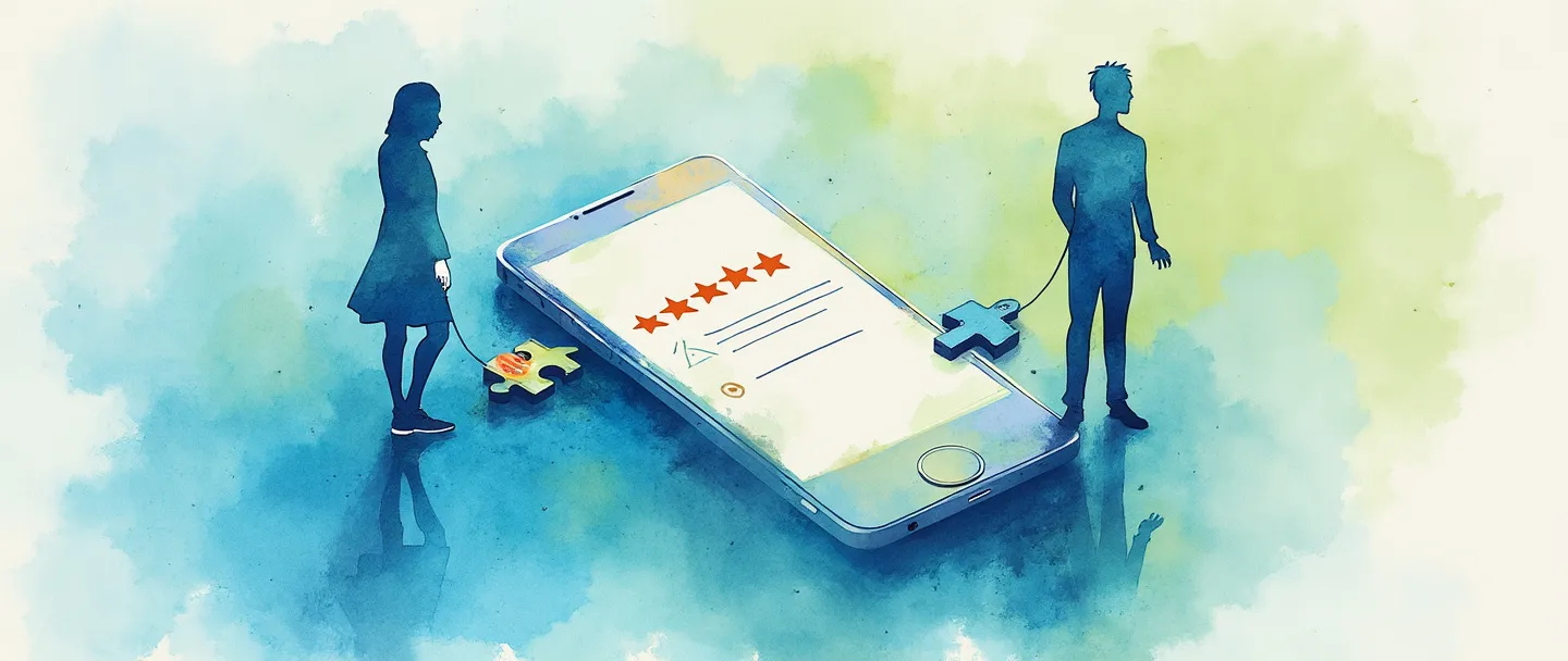 Uma pintura digital em aquarela de um smartphone exibindo uma classificação por estrelas, com a silhueta de um cliente satisfeito de um lado e um símbolo de aperto de mãos do outro. Uma pequena peça de quebra-cabeça os conecta, representando uma experiência digital perfeita. Composição simples com azuis e verdes vibrantes, transmitindo confiança e satisfação.