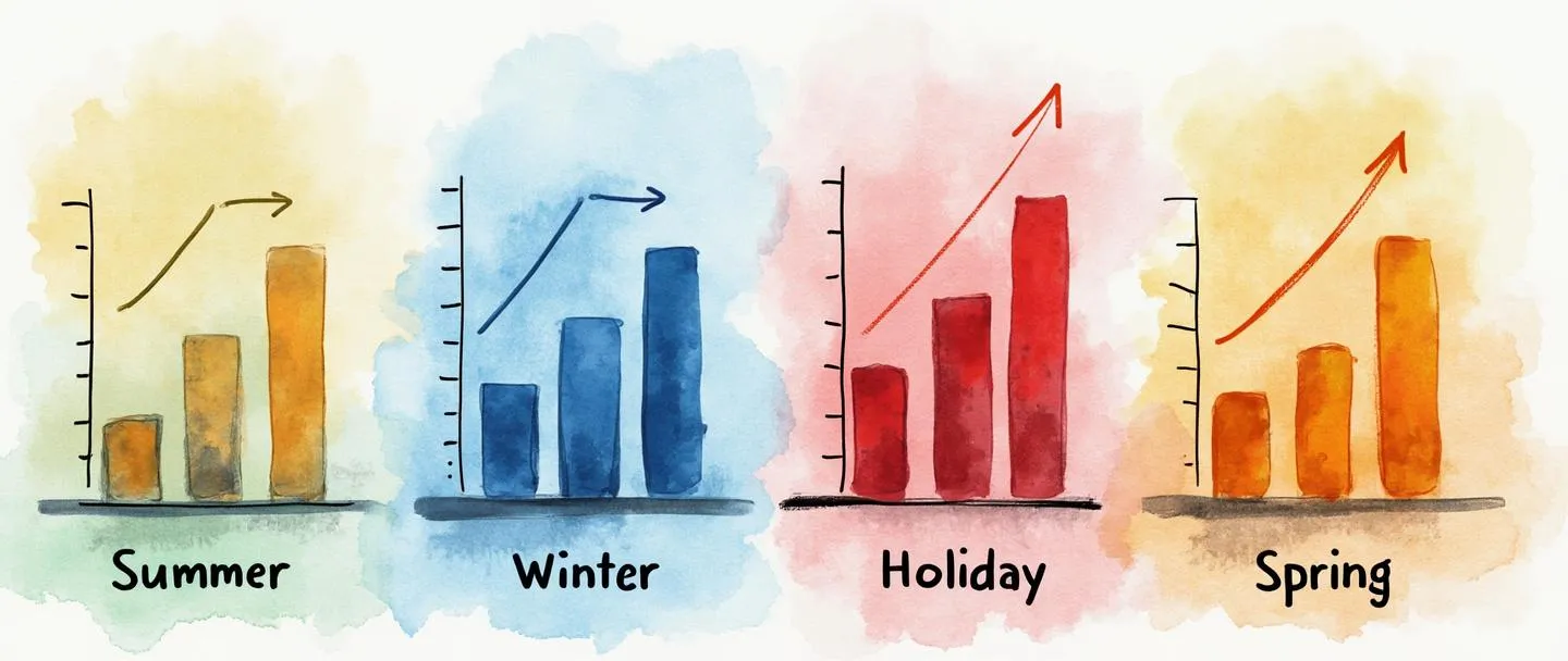 Uma pintura digital em aquarela de um calendário com as estações do ano mudando, mostrando quatro trimestres distintos com diferentes níveis de demanda representados por gráficos de barras subindo e descendo. O verão mostra itens de praia com alta demanda, o inverno exibe produtos de festas em seu pico, enquanto a primavera e o outono mostram atividade moderada. Composição simples com cores vibrantes de cada estação.
