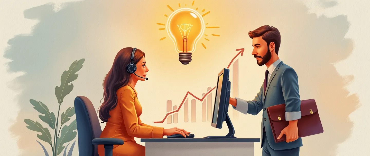 Uma pintura digital em aquarela de um representante de atendimento ao cliente com fone de ouvido em frente a um computador, ajudando um vendedor que segura uma pasta. Uma lâmpada brilha acima deles, conectando a conversa com um gráfico de vendas em ascensão. Composição simples com cores quentes e convidativas.