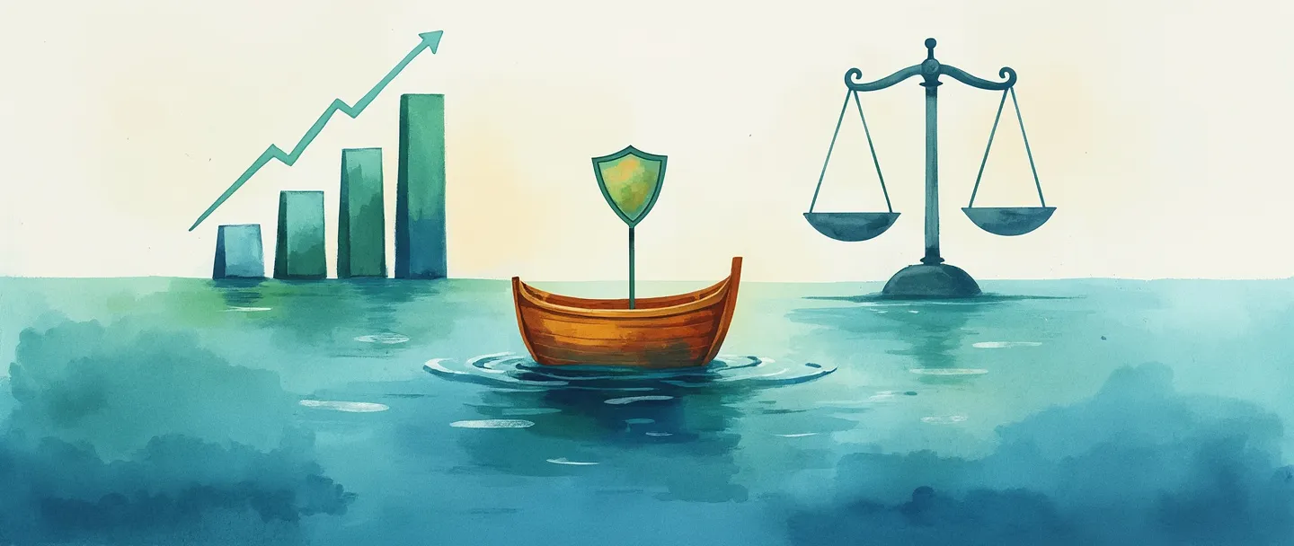 Uma pintura digital em aquarela de um pequeno barco estável navegando com segurança em águas calmas, com um escudo protetor acima dele. Um gráfico de barras simplificado com crescimento modesto, mas constante, aparece no fundo. Uma balança mostra peso igual em ambos os lados. Tons suaves de azul e verde criam uma sensação de segurança e estabilidade. Composição simples transmitindo um conceito de negócios de baixo risco.