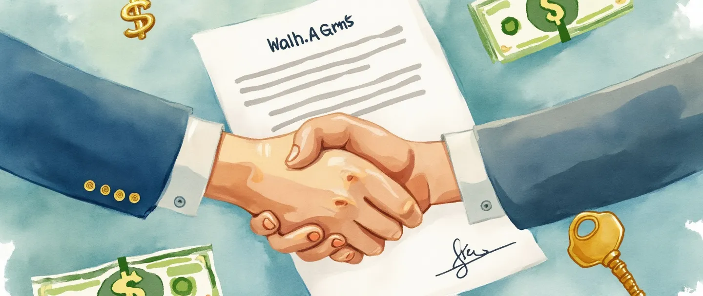 Uma pintura digital em aquarela de um aperto de mãos sobre um documento de contrato simples com um carimbo e assinatura. Dinheiro e uma chave dourada flutuam próximos, simbolizando acordo e transação financeira. Composição limpa com tons suaves de azul e verde, representando confiança e condições de negócio.