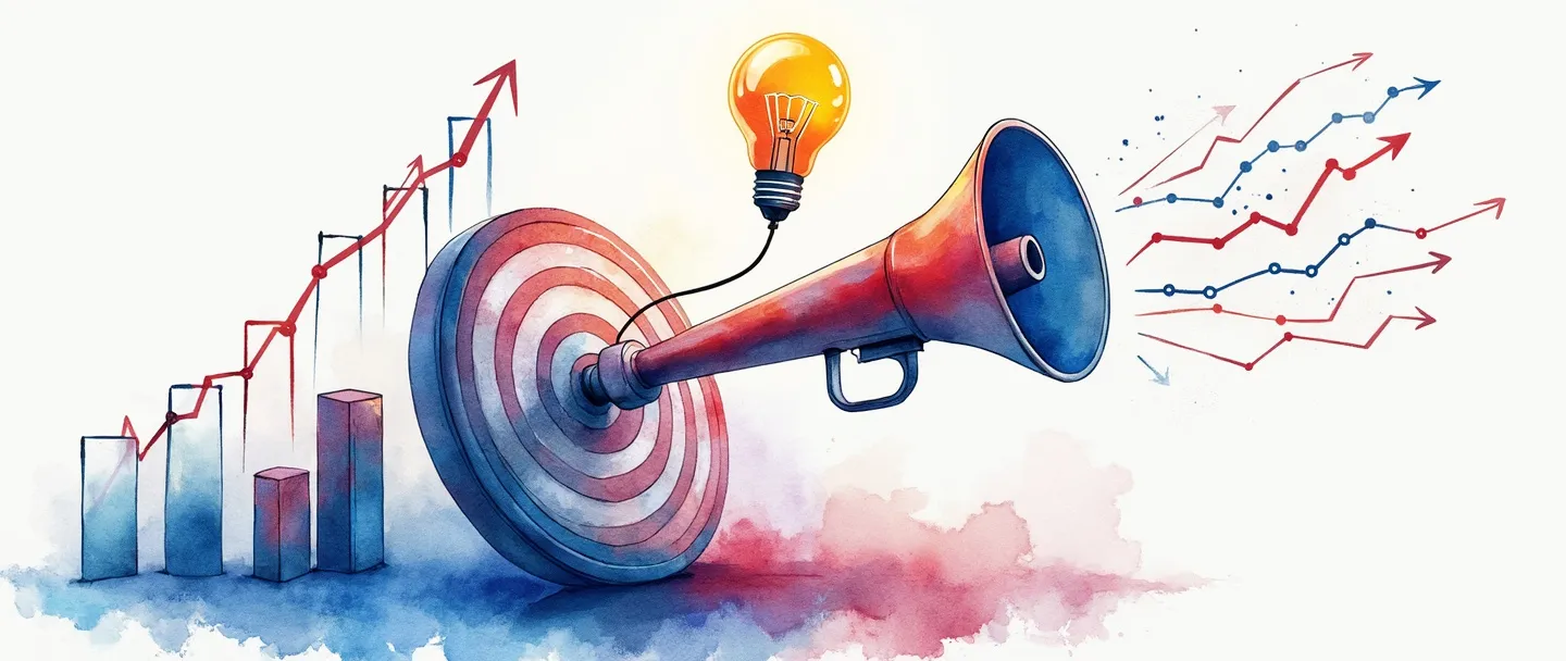 Uma pintura digital em aquarela de um megafone conectado a um alvo com fluxos de dados fluindo, cercado por barras de gráficos ascendentes. Uma lâmpada flutua acima, iluminando conceitos de estratégia. Composição simples com azuis e vermelhos vibrantes, transmitindo os fundamentos da gestão de marketing.