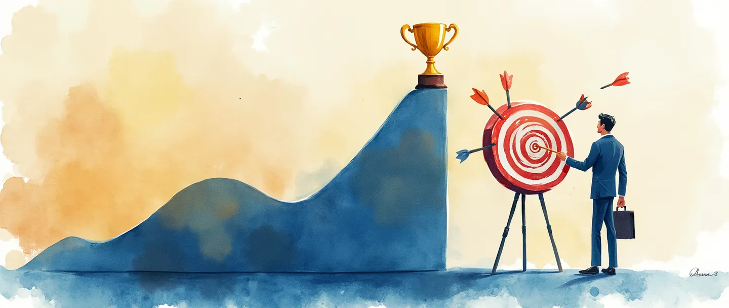 Uma pintura digital em aquarela de um gráfico com tendência ascendente e um troféu no pico. Um empresário com uma pasta está ao lado, olhando para um alvo com flechas acertando o centro. Composição simples com azuis e dourados vibrantes, transmitindo a medição do sucesso comercial.