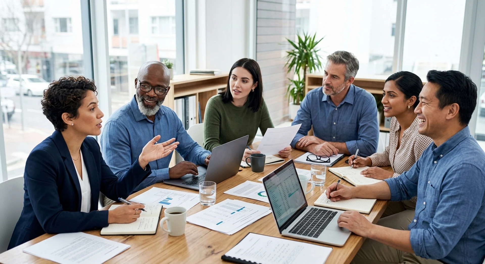 Ética profissional: importância, conceito e como aprimorá-la no ambiente de trabalho Equipe de negócios diversificada em reunião profissional autêntica ao redor de mesa moderna com documentos e laptops, fotografia editorial ultra-realista com luz natural e foco nítido em alta resolução.