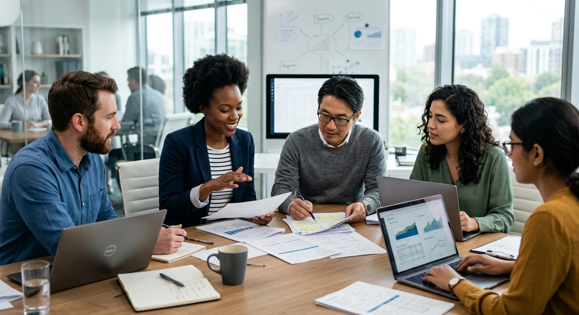 Como Implementar Mudanças Organizacionais com Sucesso Equipe de negócios diversificada colaborando em reunião estratégica ao redor de mesa de conferência com laptops e documentos, fotografia editorial ultra-realista com luz natural, foco nítido e detalhes precisos em alta resolução.
