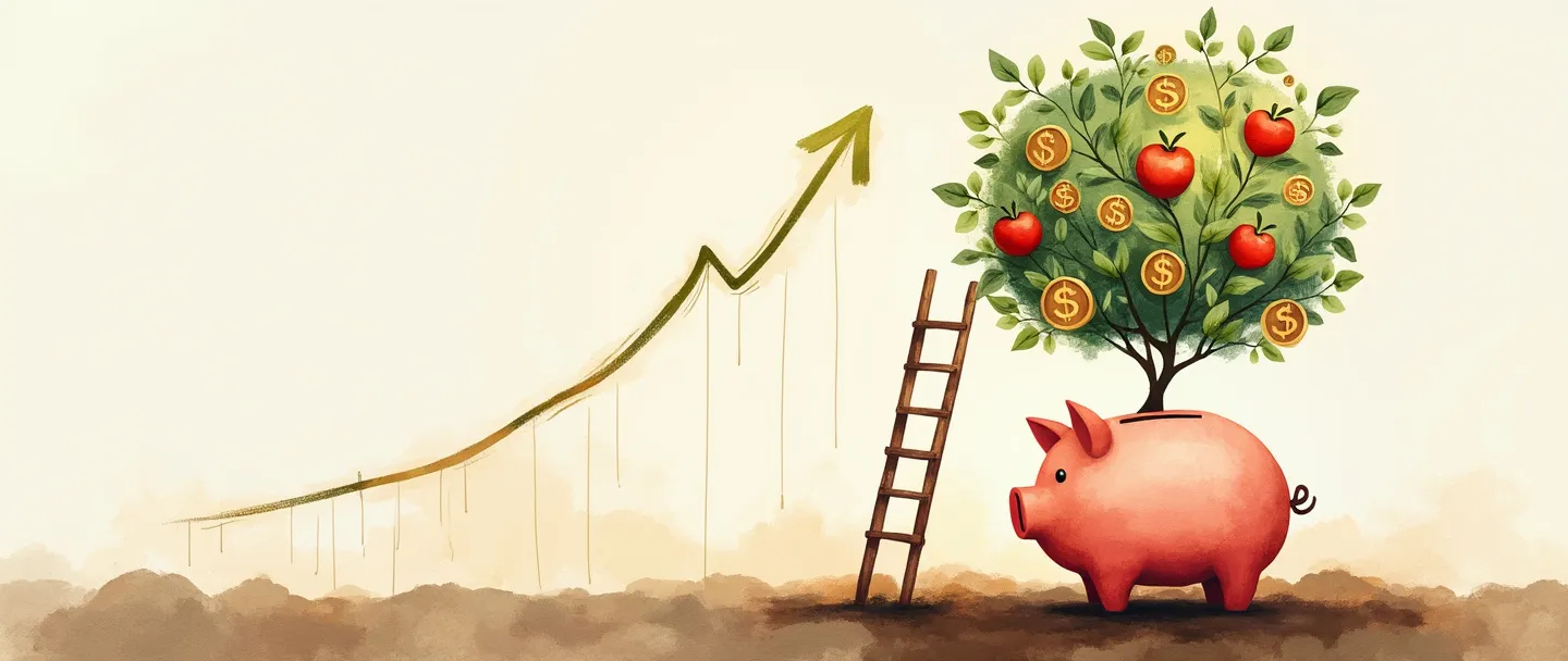 Uma pintura digital em aquarela de uma muda de dinheiro crescendo de um cofre de porquinho até se tornar uma árvore exuberante com frutos de moedas e folhas de notas bancárias. Uma suave linha de gráfico ascendente curva-se ao lado do crescimento, com uma pequena escada apoiada contra a árvore. Composição simples, cores quentes, conceito de crescimento financeiro.