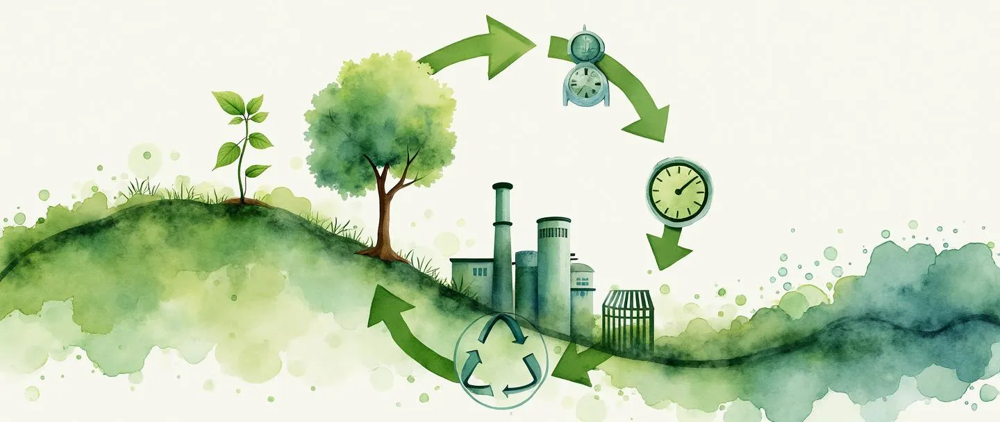 Uma pintura digital em aquarela de um diagrama de seta circular mostrando o ciclo de vida de um produto, com uma muda de um lado crescendo até se tornar uma árvore, depois se transformando em um produto, e finalmente retornando à terra. Uma pequena fábrica, um símbolo de reciclagem e um relógio aparecem em diferentes pontos ao longo do ciclo. Composição simples com tons terrosos de verde e azul, transmitindo conceitos de sustentabilidade e economia circular.