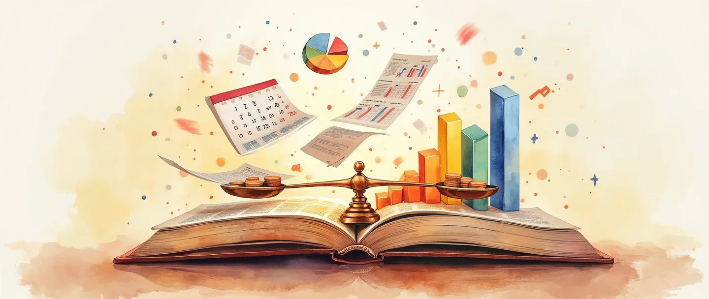 Uma pintura digital em aquarela de um livro aberto com páginas de calendário voando para fora, transformando-se em gráficos de barras coloridos e gráficos de pizza. Uma balança de equilíbrio está no centro com moedas de um lado e documentos do outro. Composição simples com tons quentes, representando revisão financeira anual e balanço.