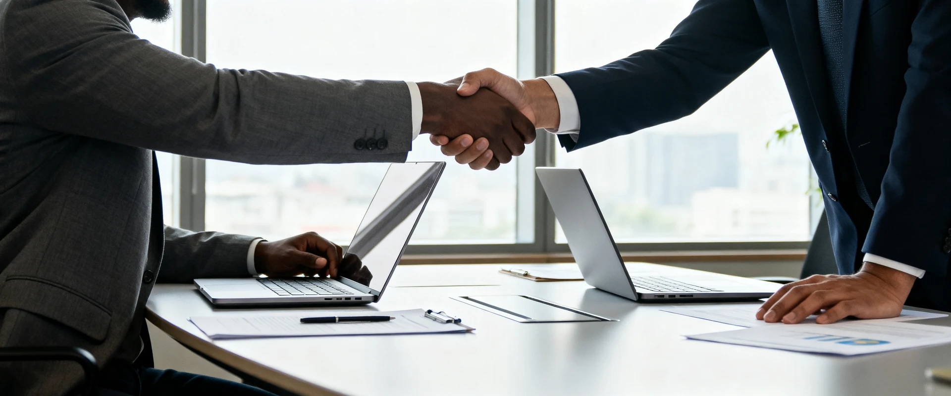 Business Partner: responsabilidades, habilidades e como seguir essa carreira Fotografia editorial ultra-realista de dois profissionais de negócios diversos apertando as mãos em reunião corporativa moderna, capturada com Canon EOS R5, luz natural, foco nítido e detalhes autênticos de parceria empresarial.