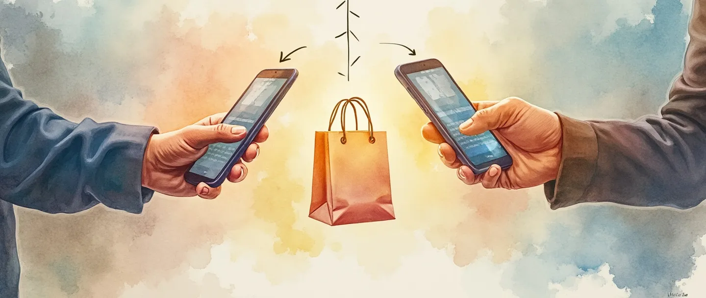 Uma pintura digital em aquarela de duas pessoas apertando as mãos com smartphones em suas outras mãos, conectando-se através de uma linha de rede brilhante. Entre eles, uma pequena sacola de compras flutua com setas apontando em ambas as direções. Composição simples, cores quentes, conceito de consumidor para consumidor.
