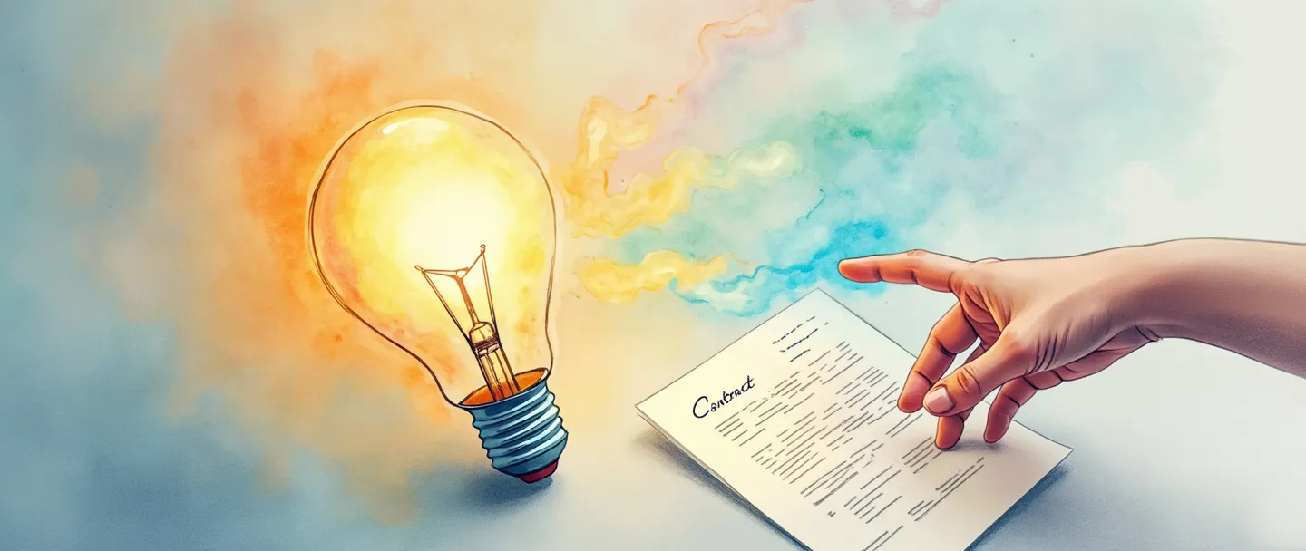 Uma pintura digital em aquarela de uma lâmpada brilhante com fios intangíveis de energia colorida fluindo dela. Próximo, um contrato com uma assinatura emite uma suave aura azul. Uma mão se estende em direção a esses itens, mas não consegue tocá-los completamente, sugerindo sua natureza intangível. Composição simples com cores suaves, transmitindo o conceito de ativos valiosos que não podem ser fisicamente segurados.