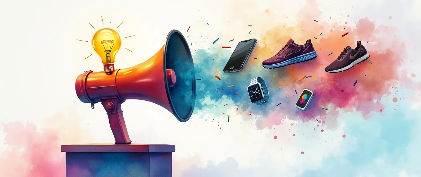 Uma pintura digital em aquarela de um megafone projetando ondas coloridas que se transformam em produtos (smartphone, relógio, sapatos) exibidos em um simples pódio. Uma lâmpada flutua acima, simbolizando ideias. Fundo limpo com respingos mínimos de cores vibrantes. Composição simples focando no conceito de promoção de produtos.