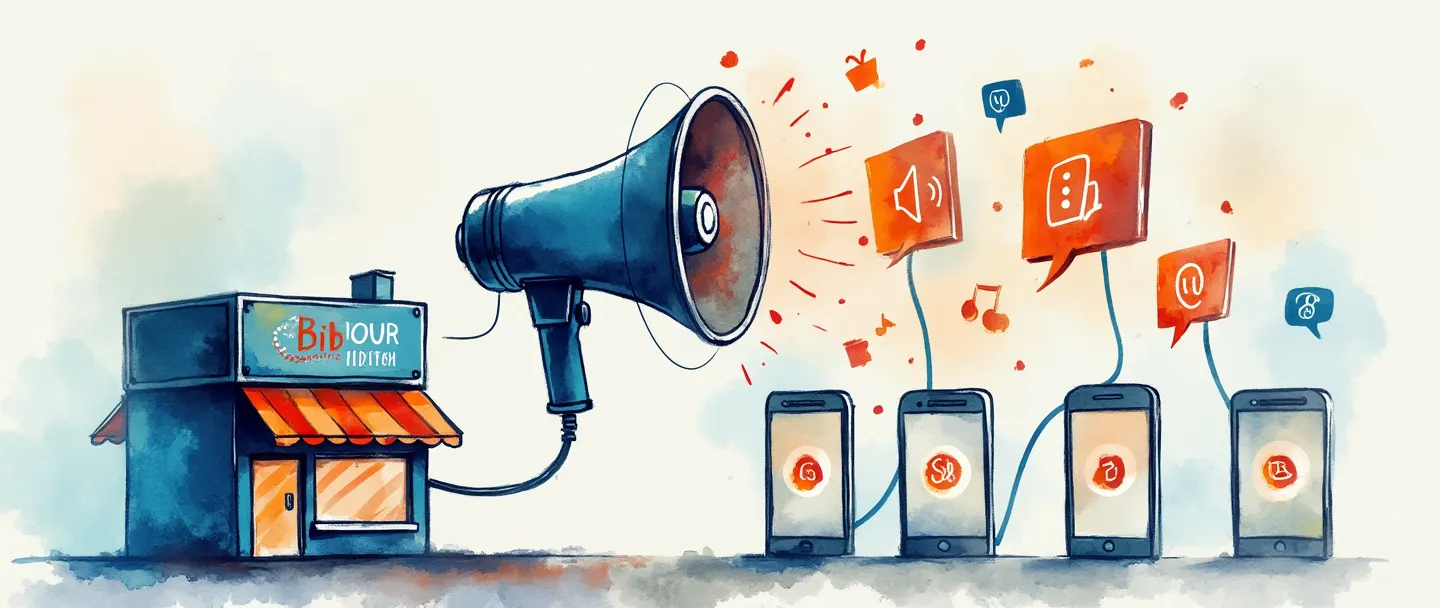 Uma pintura digital em aquarela de um megafone conectado a vários smartphones, com ondas de comunicação irradiando para fora. Uma pequena fachada de loja exibe o mesmo logotipo que aparece no megafone, sugerindo consistência da marca. Composição simples com azuis e laranjas vibrantes, transmitindo o conceito de franquia de comunicação.