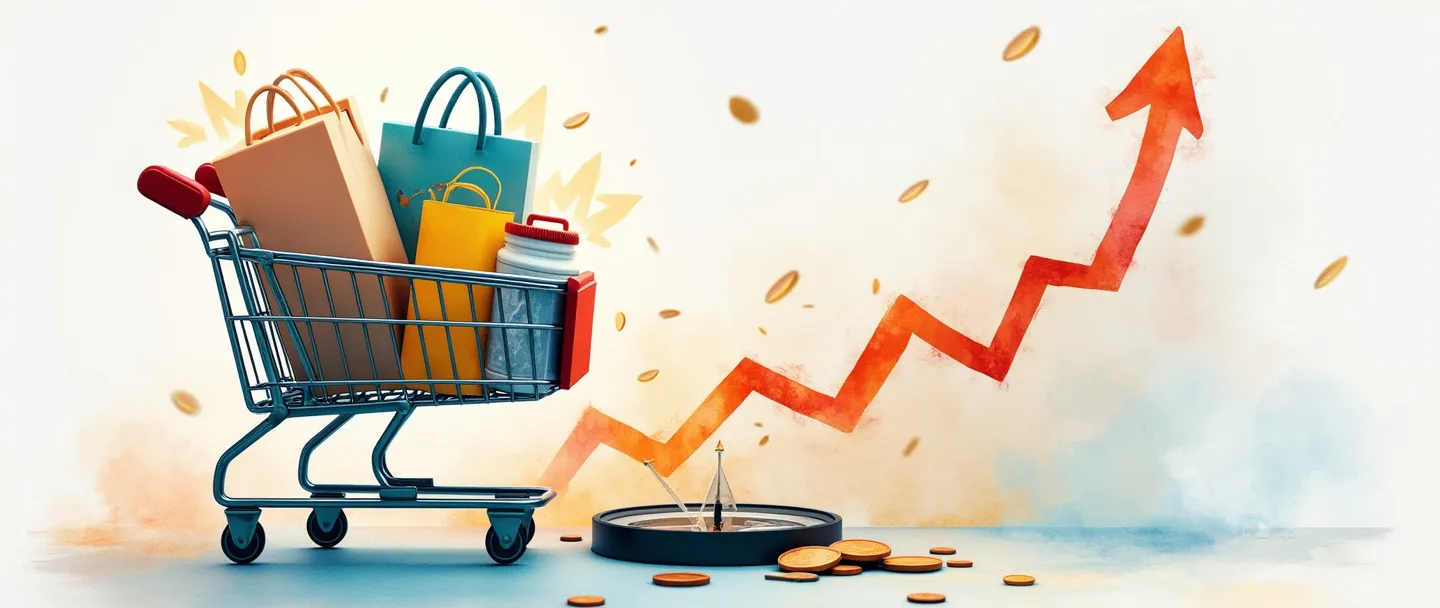 Uma pintura digital em aquarela de um carrinho de compras cheio de itens populares, transformando-se em setas apontando para cima em um gráfico simples. Uma bússola aponta para a tendência de alta enquanto algumas moedas flutuam por perto, sugerindo valor. Cores suaves, linhas limpas, tema de comportamento do consumidor.
