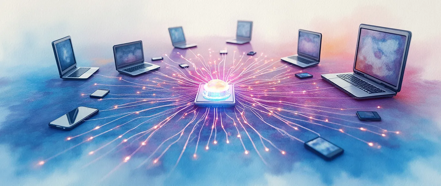 Tradução para pt-br:

Uma pintura digital em aquarela de smartphones e computadores interconectados irradiando ondas de comunicação coloridas para uma estrutura central de hub. O hub brilha com energia, mostrando dados fluindo através de linhas de conexão. Composição simples com vibrantes tons de azul e roxo contra um fundo claro, transmitindo o conceito de rede de comunicação digital.