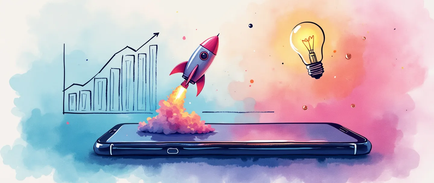 Uma pintura digital em aquarela de um smartphone exibindo uma interface colorida de plataforma de marketing com um pequeno foguete decolando dele. Ao lado, um gráfico simplificado mostra progresso ascendente, enquanto uma lâmpada paira acima, emitindo um brilho suave. Composição limpa com cores vibrantes, porém suaves, transmitindo o crescimento do marketing digital.