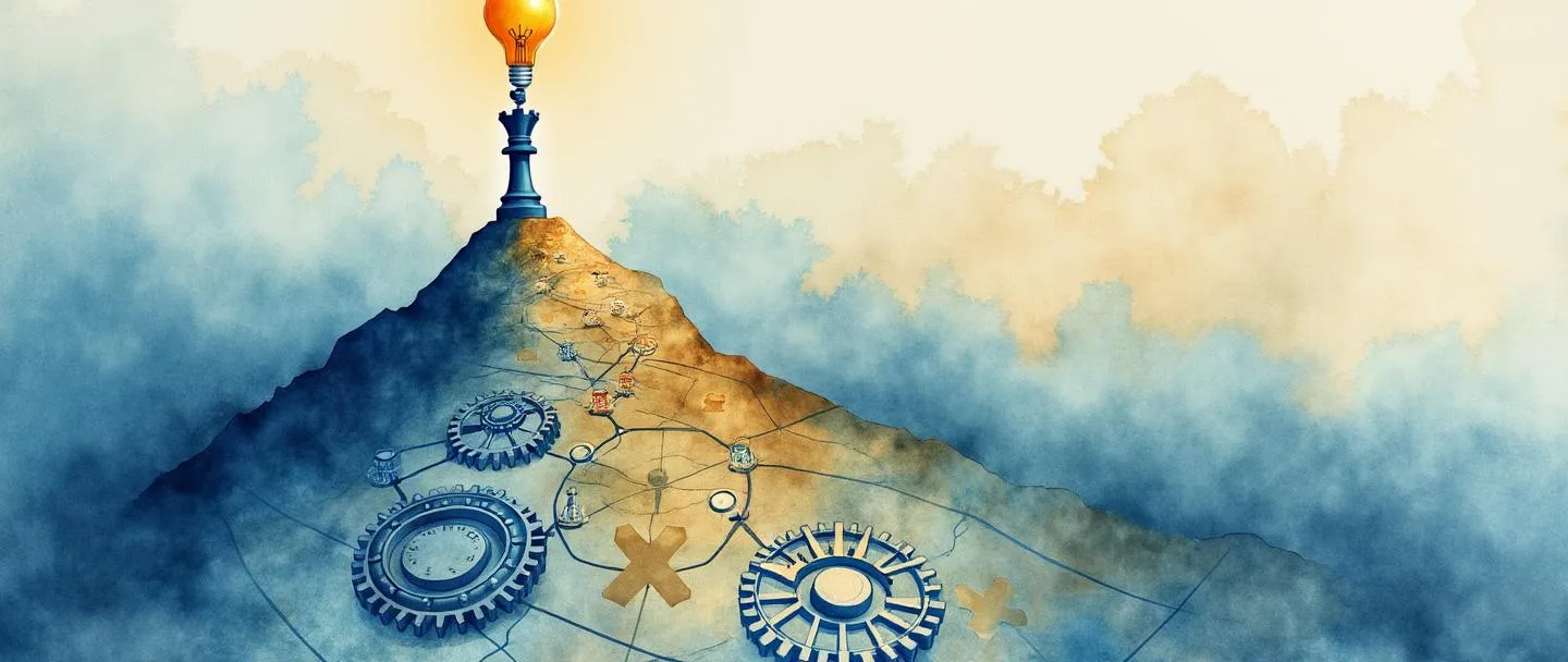 Uma pintura digital em aquarela de uma peça de xadrez (rei ou rainha) em pé no topo de um pico de montanha, com uma bússola em uma mão e uma lâmpada brilhando acima. Um mapa estratégico se desdobra abaixo com caminhos conectando várias engrenagens e peças de quebra-cabeça. Composição simples com tons de azul e dourado transmitindo sabedoria e valor.