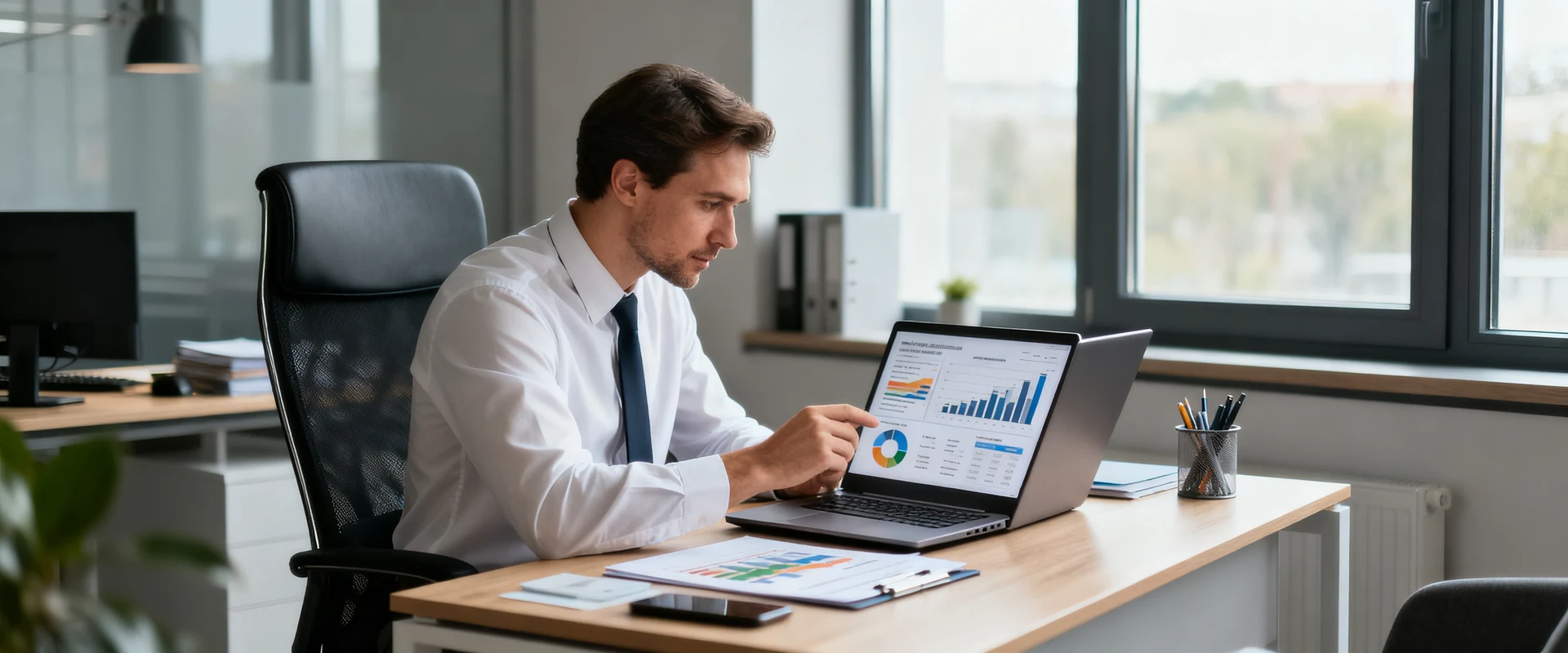 Fotografia editorial ultra-realista de consultor financeiro profissional reunido com empresário em escritório moderno, analisando relatórios e gráficos financeiros no laptop, luz natural, foco nítido, alta resolução, momento autêntico capturado com Canon EOS R5.