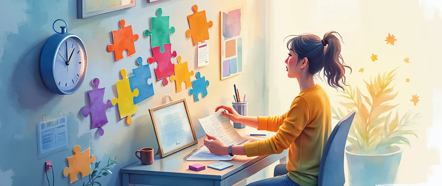 Uma pintura digital em aquarela de uma pessoa organizando eficientemente peças coloridas de quebra-cabeça em um sistema organizacional ordenado. Um pequeno calendário e uma lista de tarefas pairam por perto, enquanto um relógio brilha suavemente ao fundo. Composição simples com linhas limpas e uma sensação de ordem emergindo da complexidade.