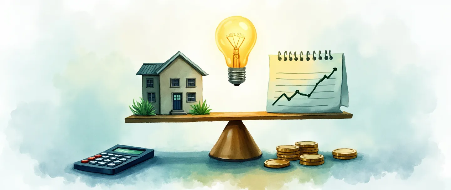 Uma pintura digital em aquarela de uma balança com custos fixos (prédio, calendário) de um lado e custos variáveis (gráfico com linha flutuante) do outro. Abaixo, uma calculadora e moedas estão organizadas de forma ordenada. Uma lâmpada flutua acima, iluminando um documento simples de planejamento. Tons suaves de azul e verde, composição limpa, conceito de planejamento financeiro.