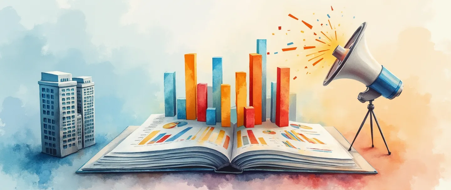 Uma pintura digital em aquarela de um relatório empresarial aberto com gráficos de barras coloridos e diagramas emergindo de suas páginas. Um pequeno ícone de prédio corporativo está no canto enquanto um megafone projeta informações importantes. Composição simples com tons suaves de azul e laranja transmitindo comunicação corporativa.