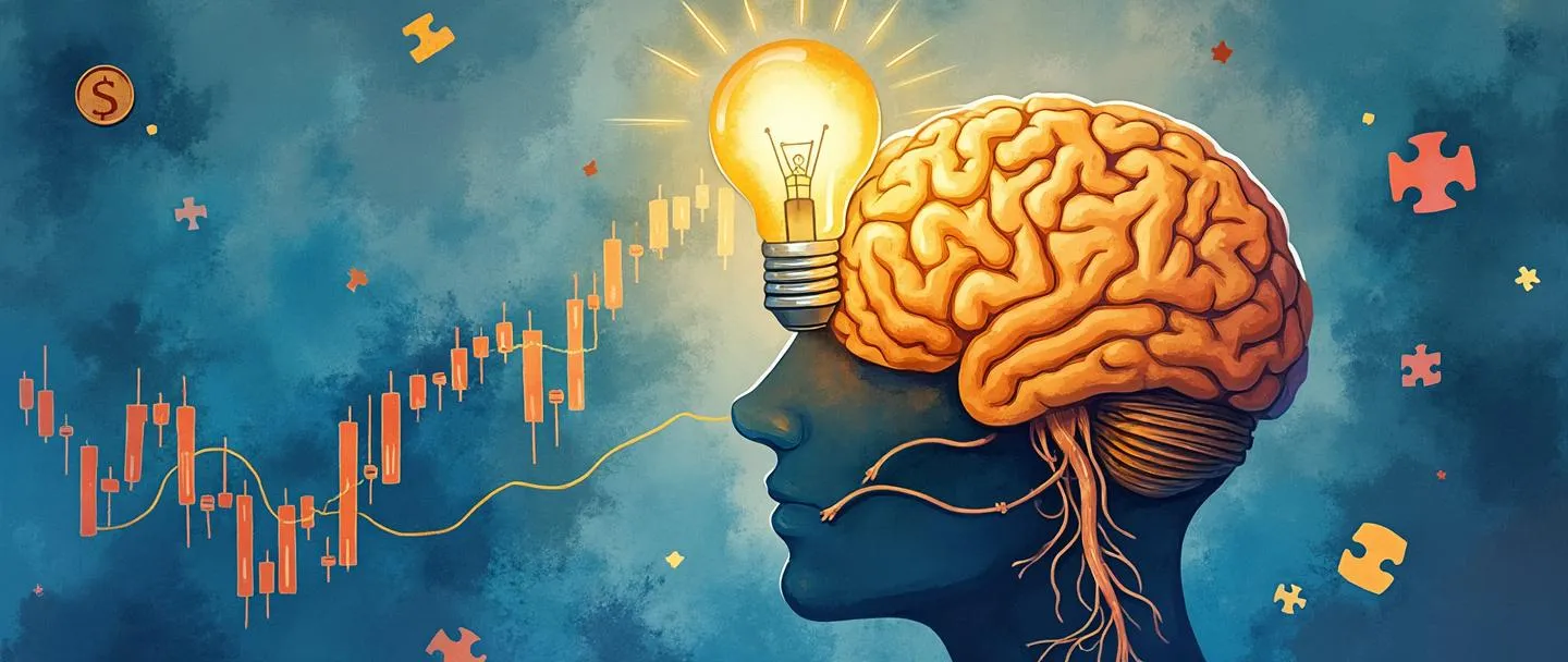 Uma pintura digital em aquarela de um cérebro humano com conexões neurais iluminadas, metade se fundindo em um gráfico financeiro. Uma lâmpada brilha acima, enquanto peças de quebra-cabeça e moedas flutuam ao redor das bordas. Composição simples com vibrantes tons de azul e dourado, retratando a interseção entre neurociência e economia.