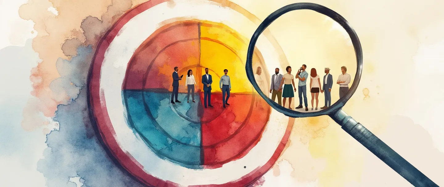 Uma pintura digital em aquarela de um alvo com segmentos de cores diferentes, cada um contendo um pequeno grupo de pessoas diversas. Uma lupa paira sobre um dos segmentos, destacando-o com um brilho dourado. Composição simples, cores vibrantes, conceito de segmentação de mercado.