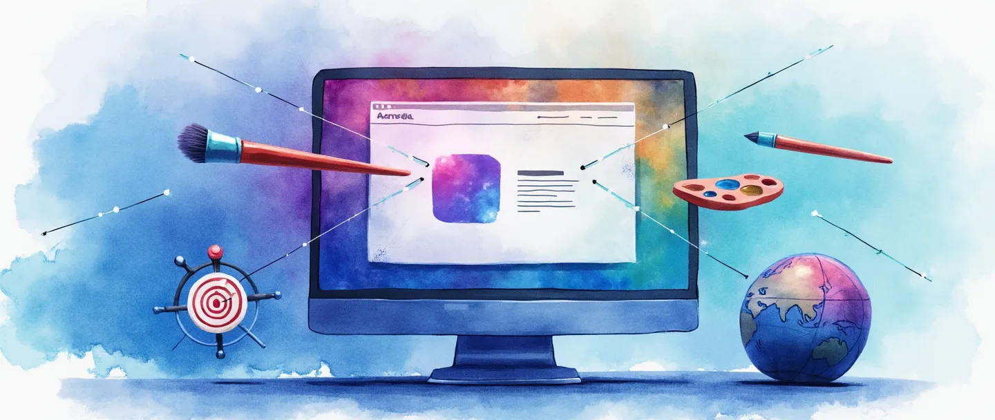 Uma pintura digital em aquarela de uma tela de computador exibindo uma página web colorida com um logotipo sendo projetado. Um pincel e uma paleta flutuam próximos, conectando-se a um alvo com uma mira. Um pequeno globo está no canto com conexões digitais fluindo ao seu redor. Composição simples, azuis e roxos vibrantes, atmosfera profissional, porém criativa.