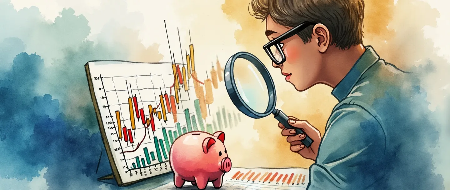 Uma pintura digital em aquarela de uma pessoa com óculos analisando gráficos financeiros com uma lupa. Gráficos de barras vermelhos e verdes mostram a volatilidade do mercado enquanto um escudo protege um pequeno cofre de porquinho. Composição simples com elementos fluidos de aquarela em azul e dourado representando risco e recompensa.